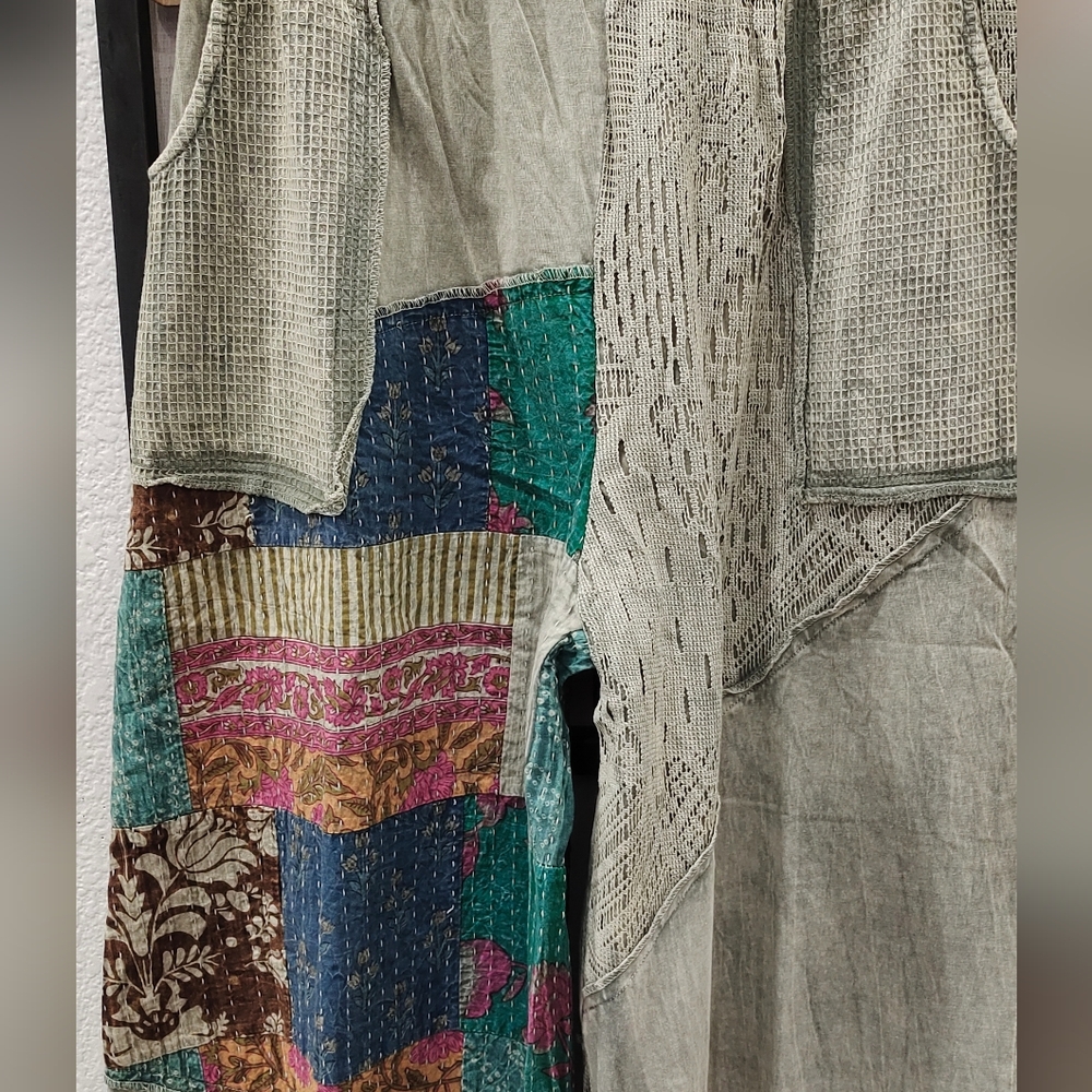 POL Wide Leg Patchwork Pants in Teal and Olive - Picture 3 of 8